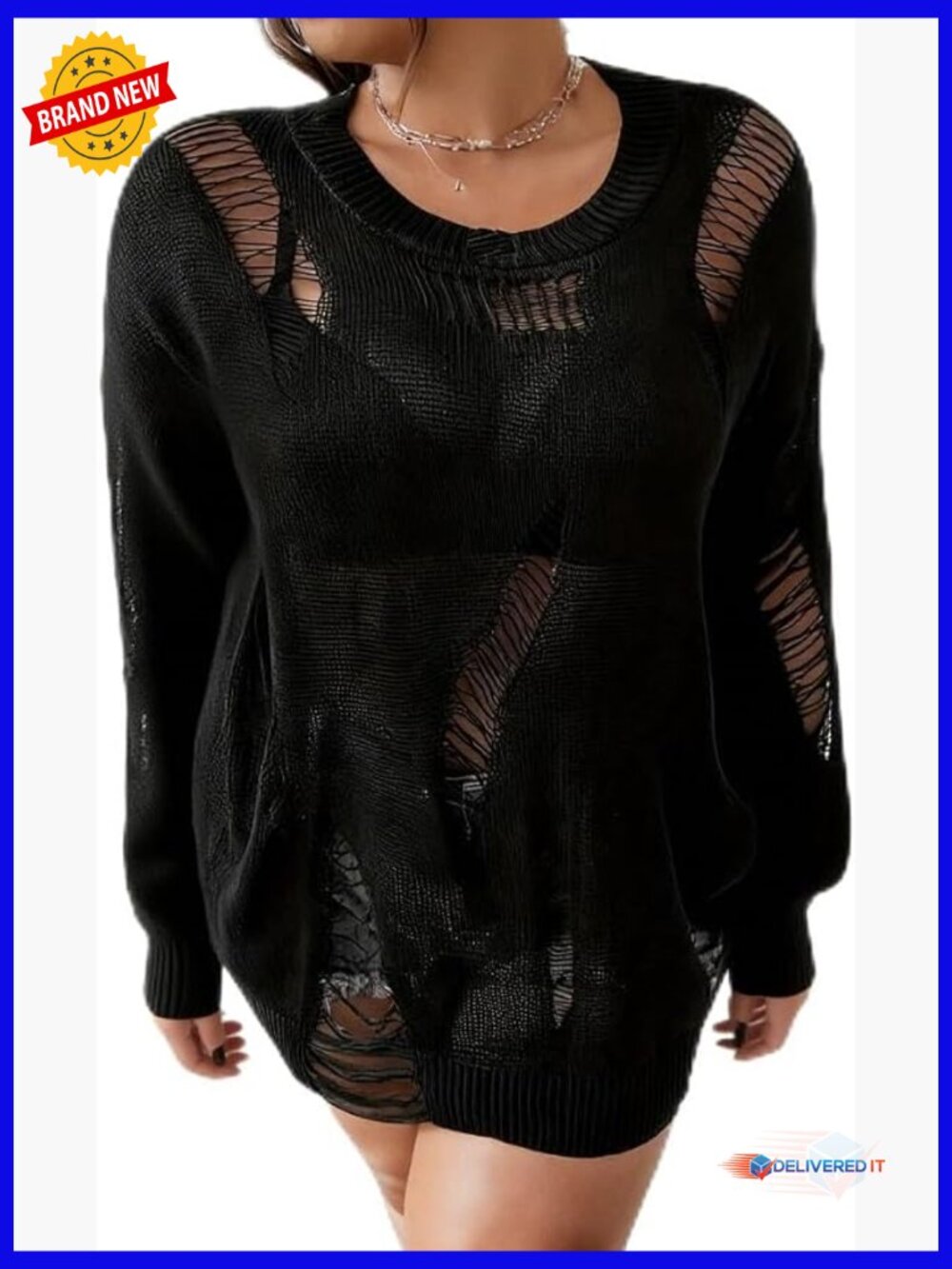 Distressed Drop Shoulder Pullover Sweater Gothic Knit Top